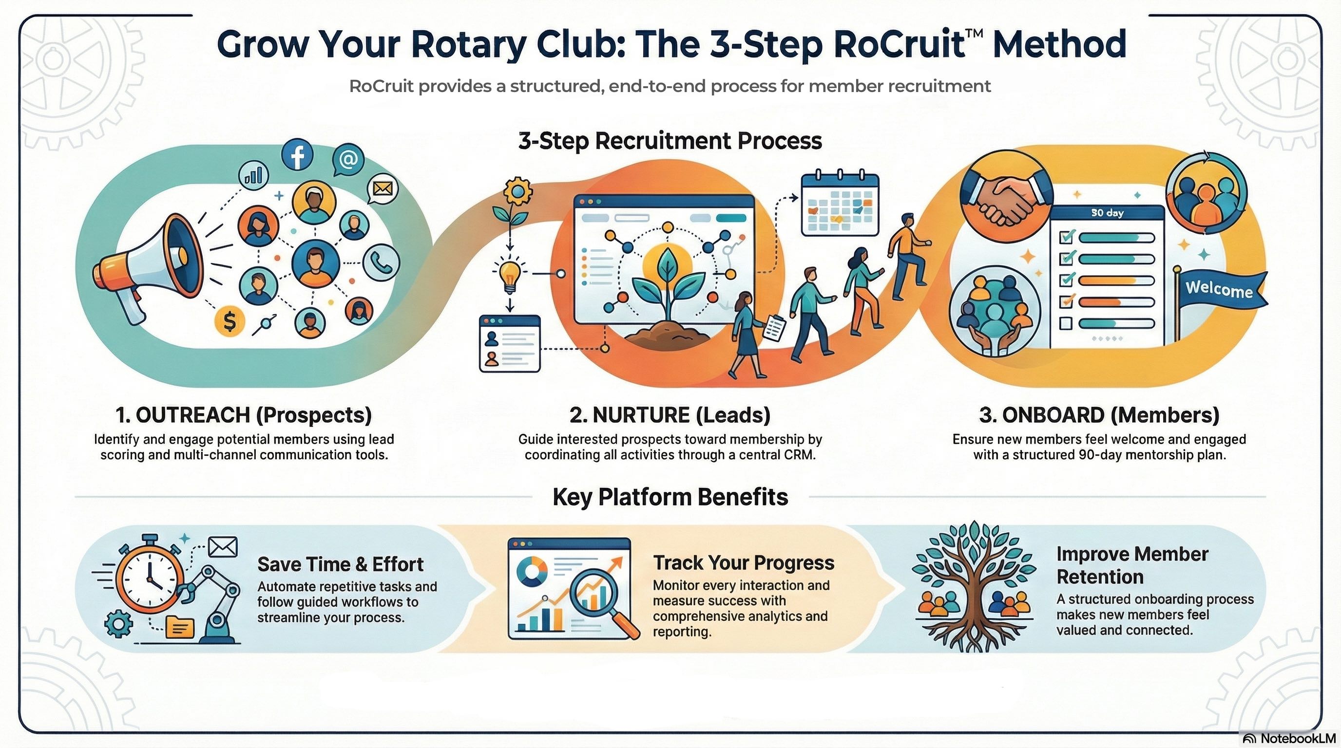 RoCruit 3-Step Method: Outreach to identify prospects, Nurture to guide leads, and Onboard to welcome new members with a 90-day mentorship plan